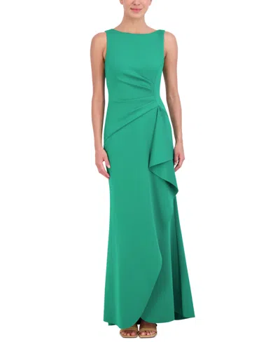 Eliza J Ruched Cascading-ruffle Gown In Green