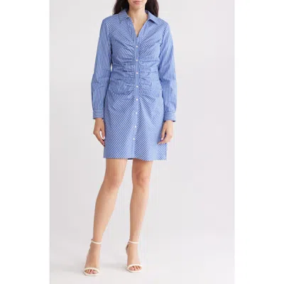 Eliza J Ruched Long Sleeve Shirtdress In Blue