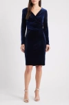 Eliza J Ruched Long Sleeve Velvet Body-con Dress In Blue