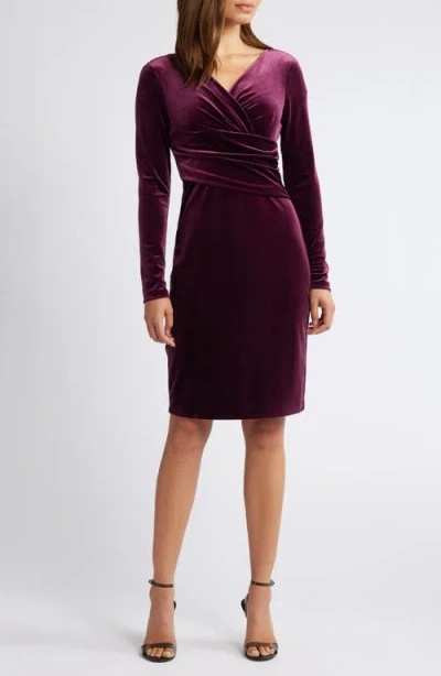 Eliza J Ruched Long Sleeve Velvet Body-con Dress In Plum