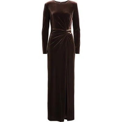 Eliza J Ruched Long Sleeve Velvet Gown In Brown