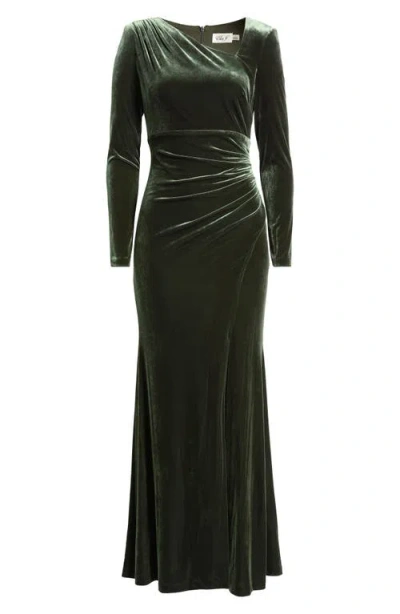 Eliza J Ruched Velvet Long Sleeve Gown In Green
