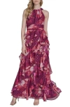 Eliza J Petite Printed Chiffon Ruffled-skirt Halter Gown