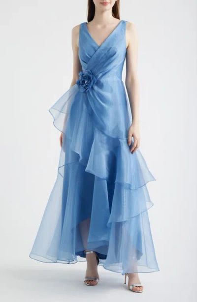 Eliza J Ruffle Sleeveless Organza Gown In Blue