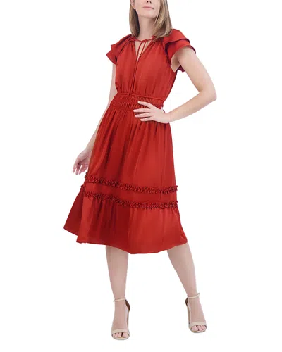 ELIZA J RUFFLE TRIM TIE NECK MIDI DRESS