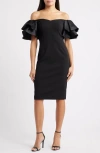 Eliza J Ruflle Sleeve Off The Shoulder Cocktail Sheath Dress In Black