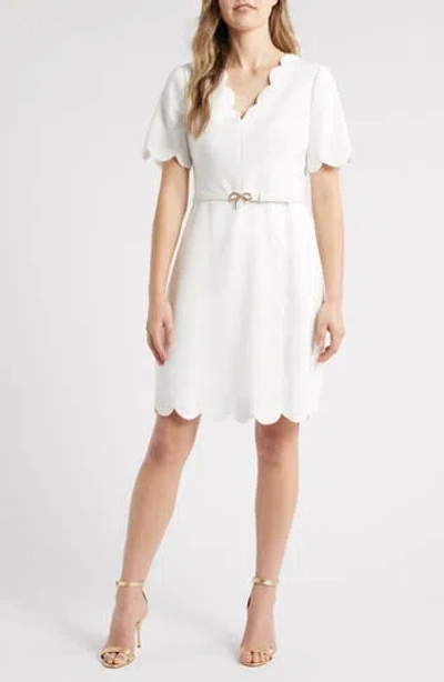 Eliza J Scalloped Short Sleeve A-line Dress In White