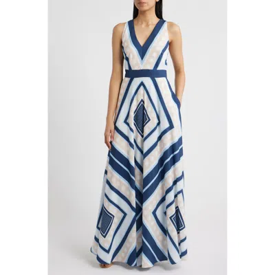 Eliza J Scarf Print Crêpe De Chine Maxi Dress In Blue