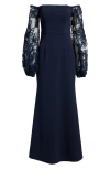 Eliza J Sequin Balloon Long Sleeve Off The Shoulder Gown In Blue