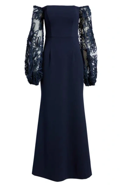 Eliza J Sequin Balloon Long Sleeve Off The Shoulder Gown In Blue