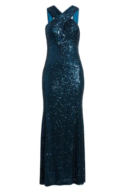 Eliza J Sequin Halter Gown In Pea