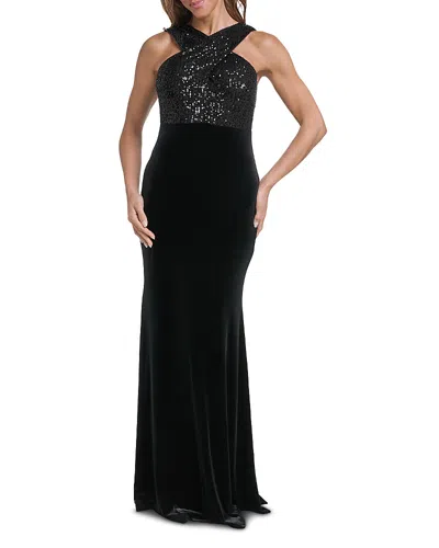 Eliza J Sequin Embellished Velvet Mermaid Gown In Black