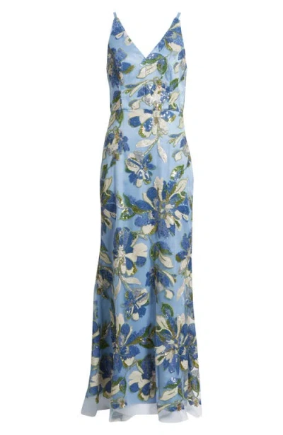 Eliza J Sequin Floral Mermaid Gown In Blue