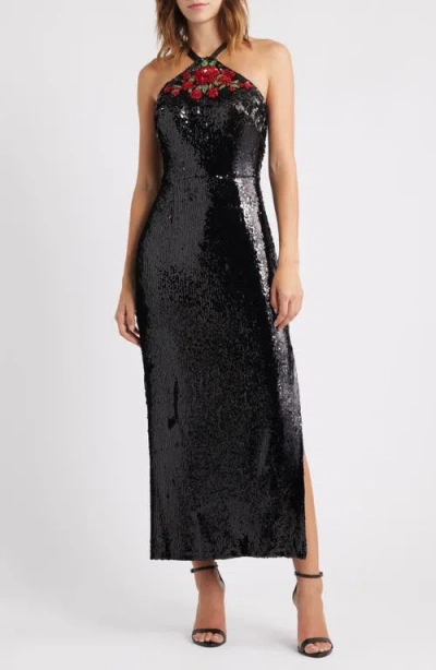 Eliza J Sequin Halter Gown In Black