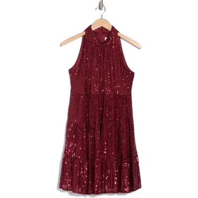 Eliza J Sequin Halter Tiered Dress In Wine