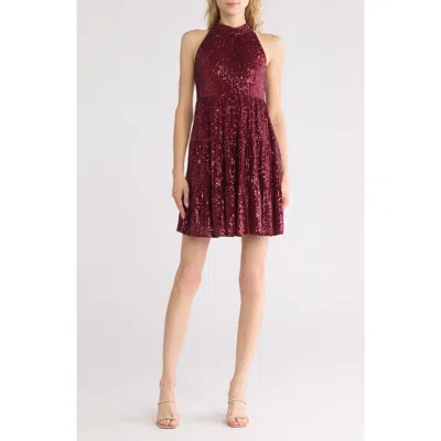Eliza J Sequin Halter Tiered Dress In Burgundy