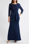 Eliza J Sequin Lace Bodice Trumpet Gown In Navy
