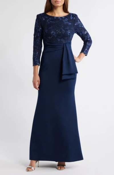 Eliza J Sequin Lace Bodice Trumpet Gown In Navy