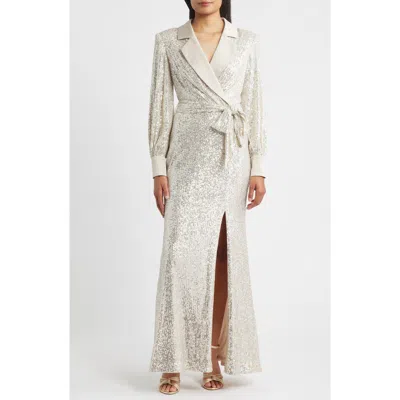 Eliza J Sequin Long Sleeve Shirtdress Gown In White