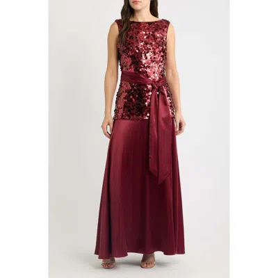 Eliza J Sequin Mixed Media Gown In Wine