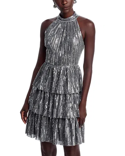 Eliza J Sequin Mock Neck Tiered Dress In Silver