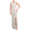 Eliza J Sequin Ruffle Sleeveless Lace Trumpet Gown In Champagne