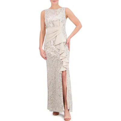 ELIZA J ELIZA J SEQUIN RUFFLE SLEEVELESS LACE TRUMPET GOWN 