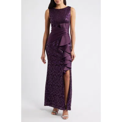 Eliza J Sequin Ruffle Sleeveless Lace Trumpet Gown In Purple