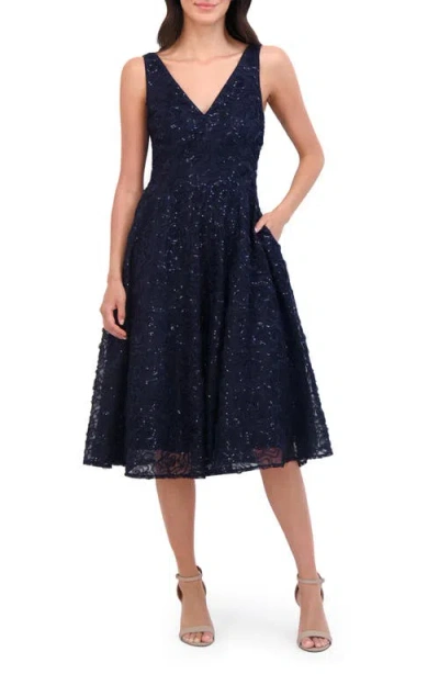 Eliza J Sequin Sleeveless Midi Fit & Flare Dress In Navy