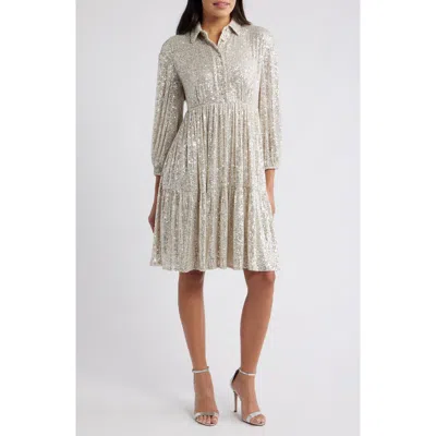 Eliza J Sequin Stripe Shirtdress In Silver
