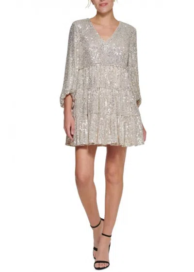 Eliza J Sequin Tiered Balloon Sleeve Dress In Silver In Metallic