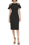 Eliza J Sheer Ruffle Shoulder Cocktail Dress In Black
