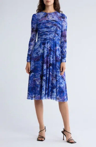 Eliza J Shirred Long Sleeve Dress In Blue