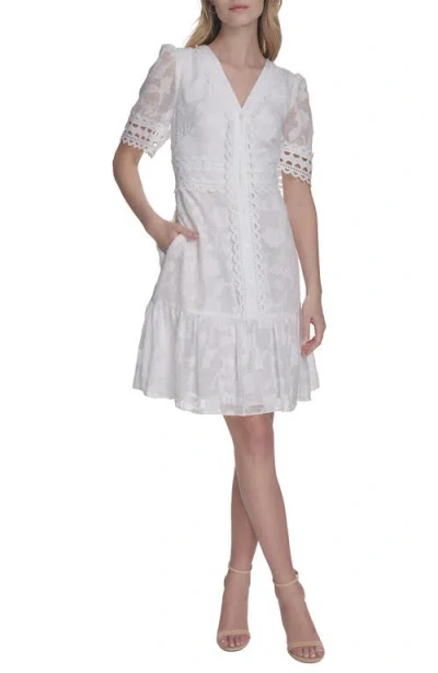 Eliza J Short Sleeve Floral Burnout Shirtdress In Ivory