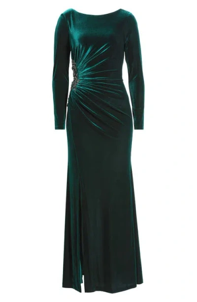 Eliza J Side Ruched Long Sleeve Velvet Gown In Green