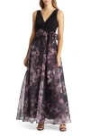 Eliza J Sleeveless Faux Wrap Ballgown In Black/plum