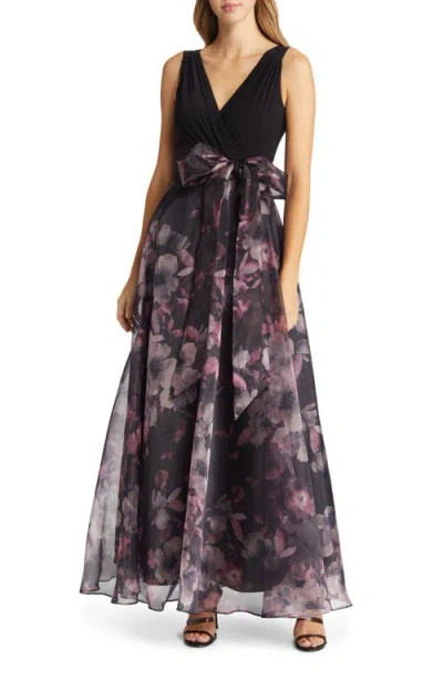 Eliza J Sleeveless Faux Wrap Ballgown In Black/plum