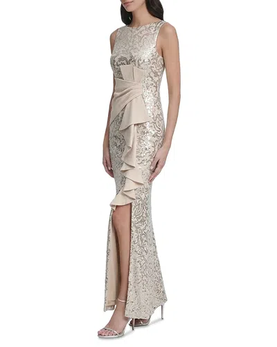 Eliza J Sleeveless Gown With Ruffle Gathered Front In Gray