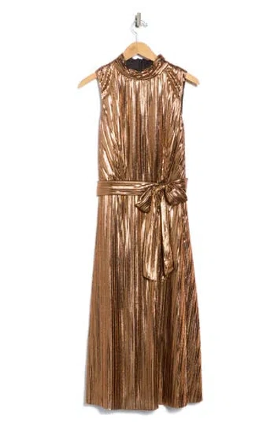 Eliza J Sleeveless Metallic Pleated Midi Dress In Gold