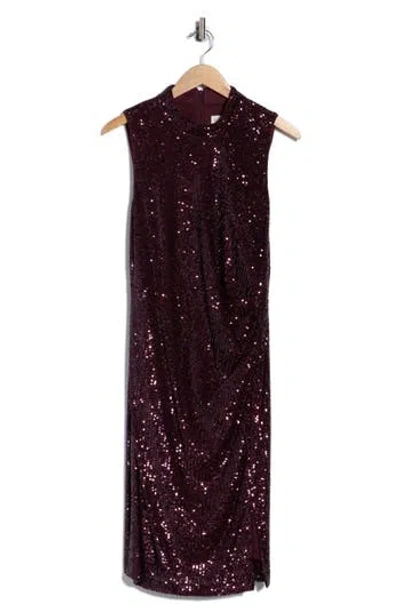 Eliza J Sleeveless Ruched Sequin Midi Dress In Purple