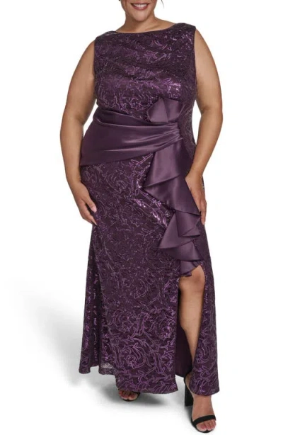 Eliza J Sleeveless Sequin Ruffle Gown In Purple