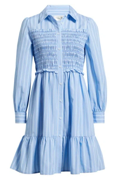 Eliza J Smock Bodice Long Sleeve Shirtdress In Blue