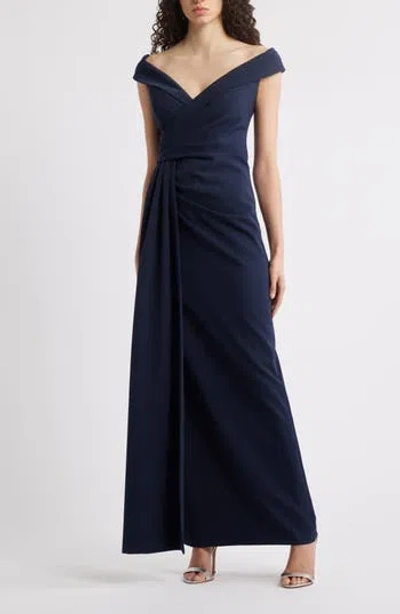 Eliza J Social Portrait Collar Laguna Crepe Gown In Blue