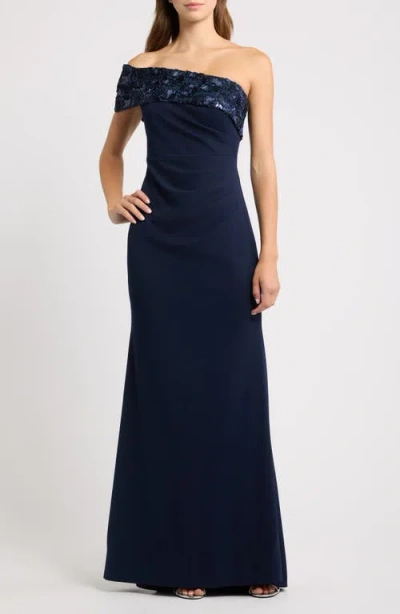 Eliza J Soutache One-shoulder Crepe Mermaid Gown In Blue