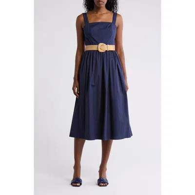 Eliza J Square Neck Belted Cotton Sundress In Navy