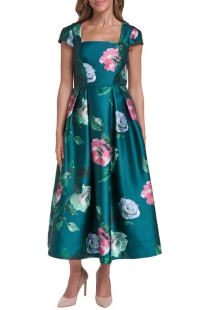 Eliza J Square Neck Cap Sleeve Midi Dress In Green
