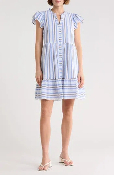 Eliza J Stripe Cap Sleeve Button Front Dress In Blue