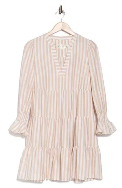 Eliza J Stripe Long Sleeve Tiered Cotton Dress In Khaki White