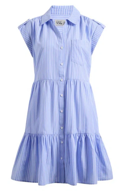 Eliza J Stripe Tiered Cotton Blend Shirtdress In Blue/white Stripe