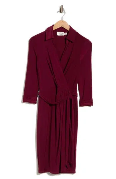 Eliza J Three-quarter Sleeve Faux Wrap Dress In Burgundy